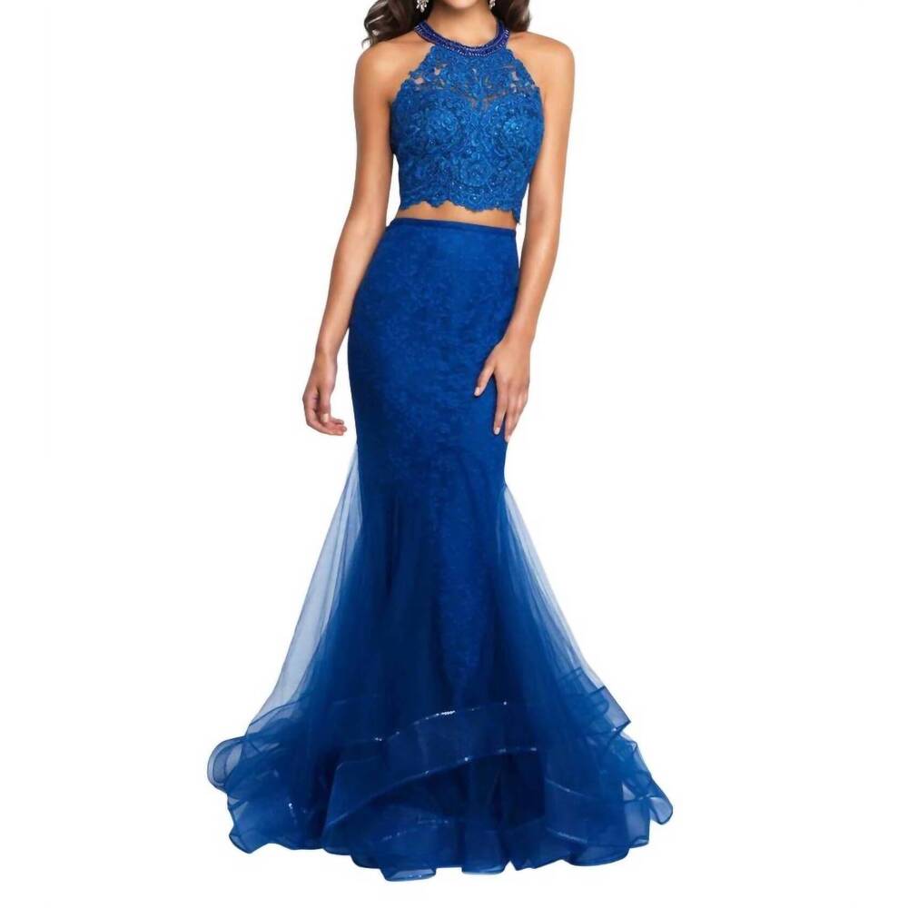 NEW BLUSH PROM halter tulle lace mermaid two piece gown in navy